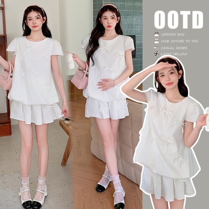 Maternity Set: Bow Tie Short-Sleeve Top and Skirt Two-Piece Set