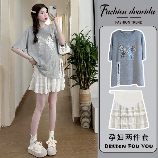 Summer Maternity Outfit: Korean Sweet Style Short-Sleeve Bowknot T-Shirt and Puffy Skirt Fashion Two-Piece Set