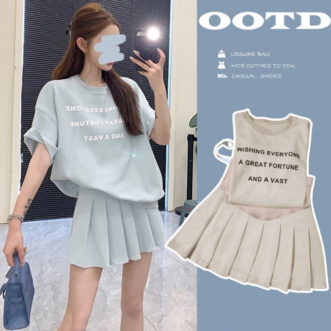 Maternity set: pleated short skirt + lettered short-sleeve top two-piece set