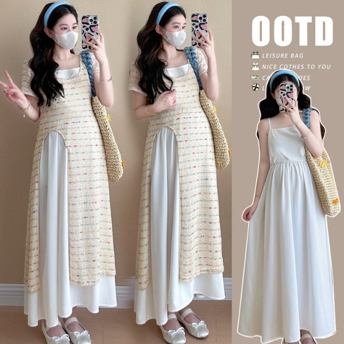 Elegant and Fashionable Long Maternity Dress with Straps - Two-Piece Set