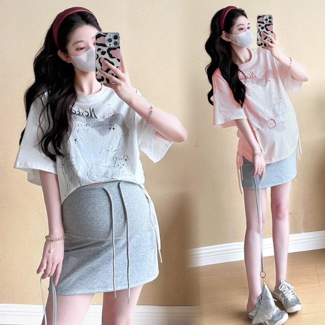 Short Sleeve Cat Print Top and Gray Bodycon Belly Support Skirt - Two-Piece Set