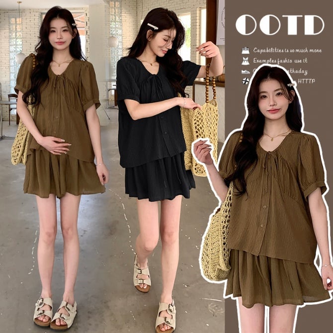 Casual Maternity Set - Short Sleeve Shirt and Pants - Two-Piece Set
