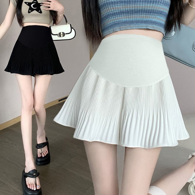 Pregnant women's pleated shorts skirt, maternity half skirt pants with belly support