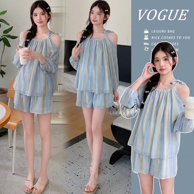 Off-shoulder loose top and shorts two-piece set for pregnant women