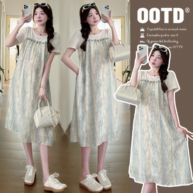 Ice Silk Faux Two-Piece Maternity Dress