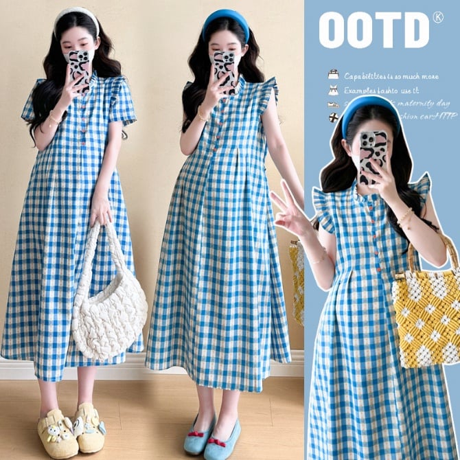 Pregnant women’s cottagecore plaid dress"