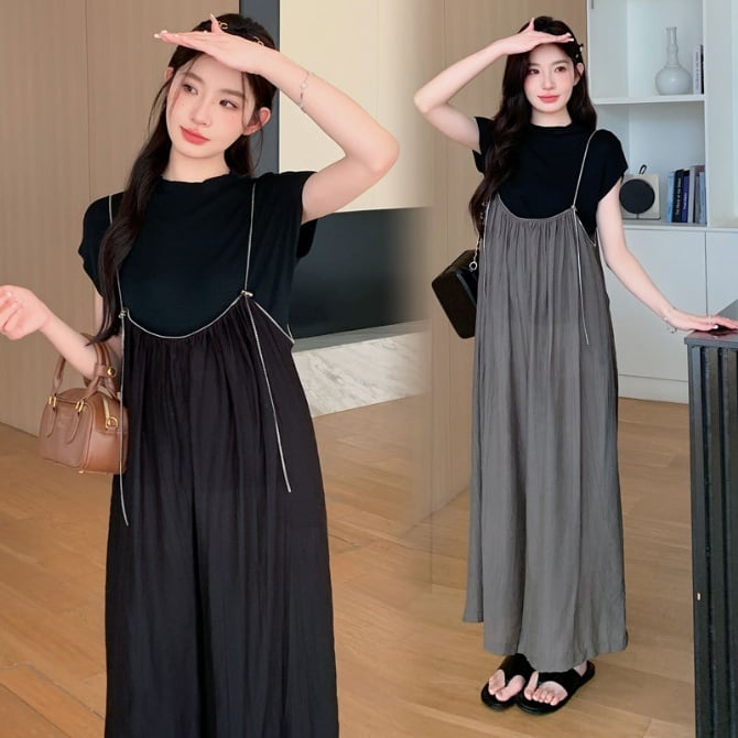 Maternity Two-Piece Set: Wide-Leg Zipper Design Overalls with Ice Silk Top
