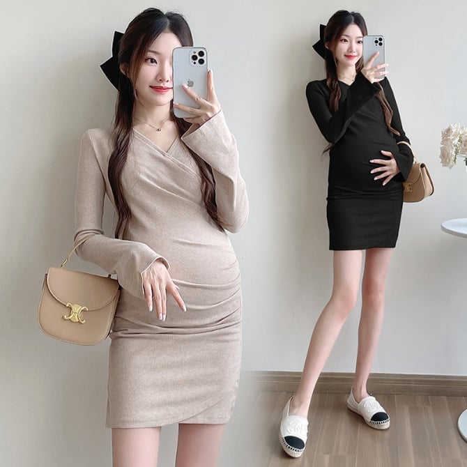 Trumpet sleeve temperament neckline with hidden buttons breastfeeding maternity dress
