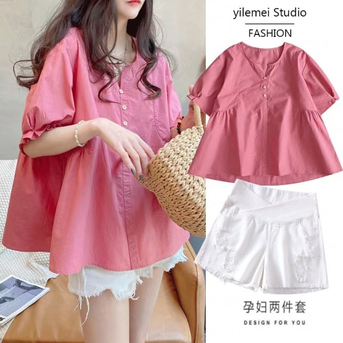 Maternity Short Sleeve Baby Doll Shirt and Shorts Two-Piece Set