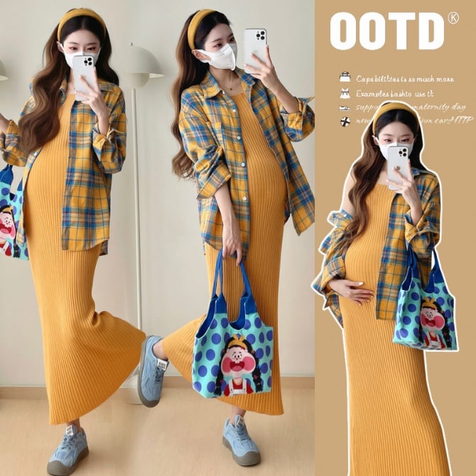 Maternity autumn outfit with a checkered shirt dress set
