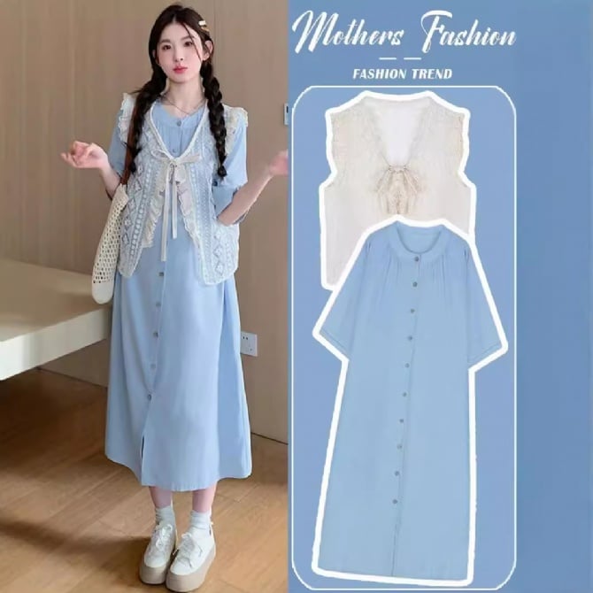 New fashion French hollow vest shirt long skirt suit summer maternity dress