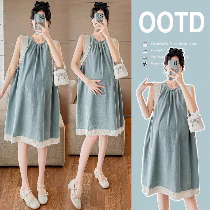 Vintage-Style Long Plus-Size Denim Maternity Dress