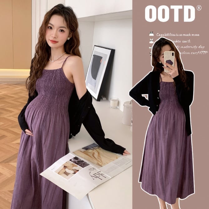 Elegant Pleated Maternity Camisole Dress Set - Slimming & Chic