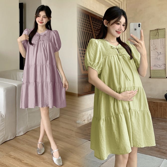 New A-Line Loose-Fit Maternity Dress - Sweet Puff Sleeves with Chinese-Style Frog Buttons