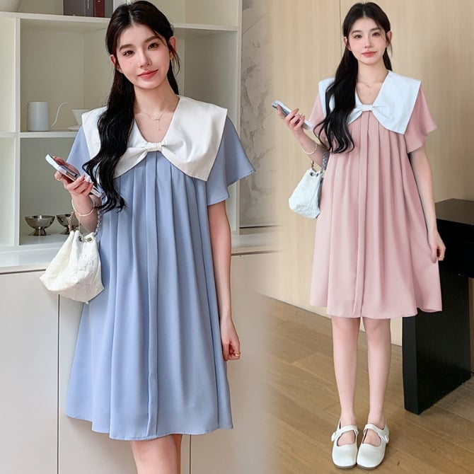 Stylish Loose-Fit Maternity Dress with Nautical Collar - Midi Length