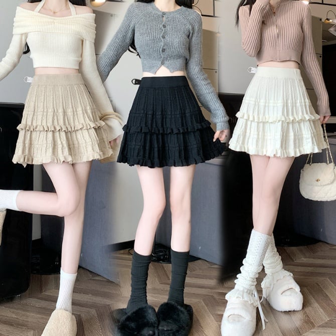 Maternity Knitted Cake Skirt - Women's New A-Line Ruffle Hem Short Skirt for Autumn and Winter