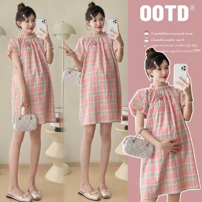 Pink Plaid Maternity Babydoll Dress - Stylish and Chic