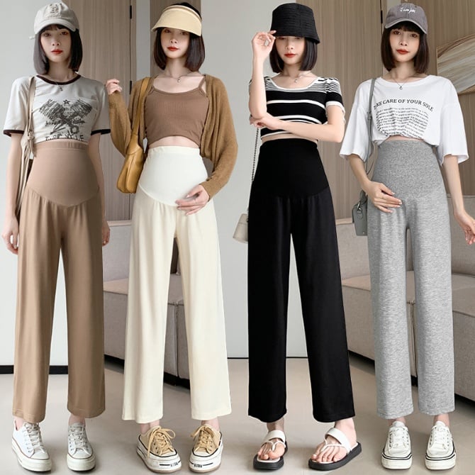Ice Silk Slim Wide-Leg Cropped Maternity Pants for Petite Women