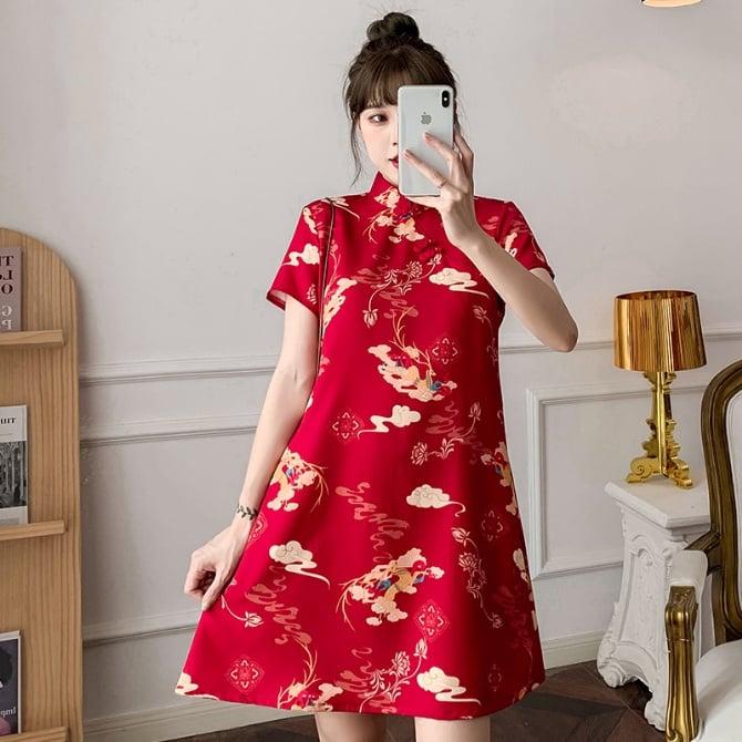 Plus Size Modern Chinese Style Maternity Dress - Young Cheongsam-Inspired Pregnancy Outfit