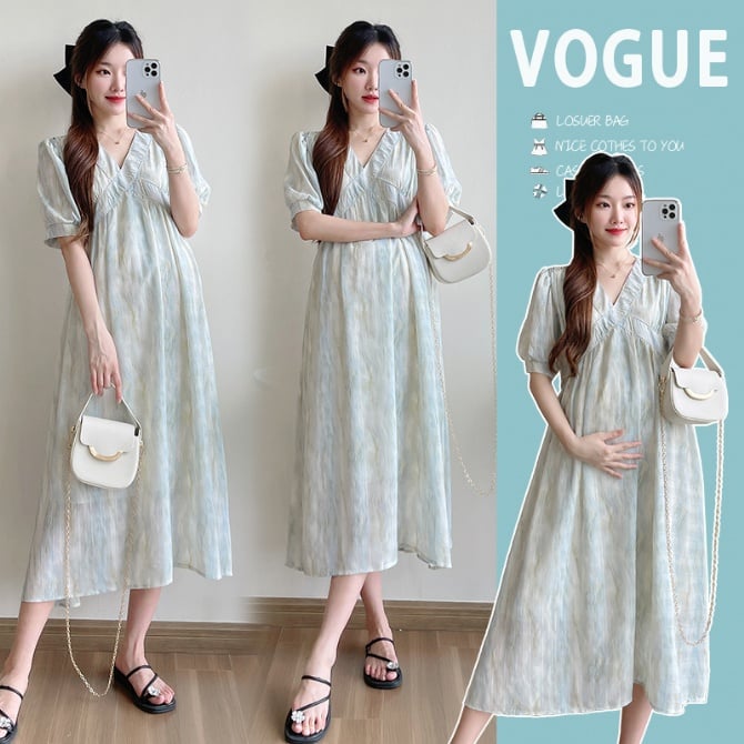 Maternity Vintage Tie-Dye Dress – French Chic Mid-Length Outfit with Sophisticated Slimming Design