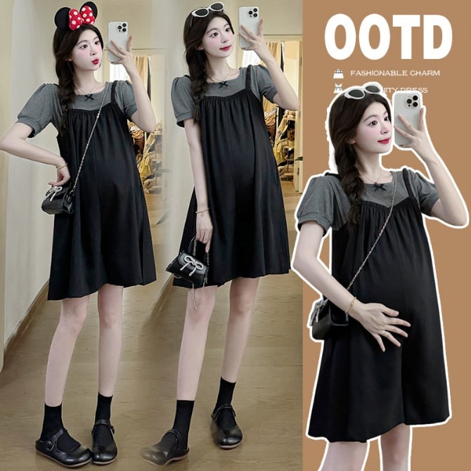 Cute and Casual Two-Piece Maternity Outfit with Top and Overalls