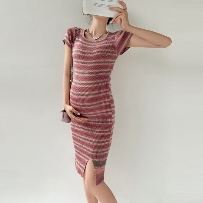 Striped Slim-Fit Slit Lightweight Knit Maternity Dress