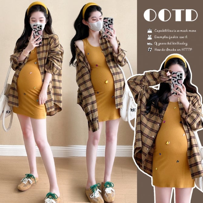 Maternity Yellow Gem Design Vest Dress & Plaid Sunscreen Shirt Two-Piece Set