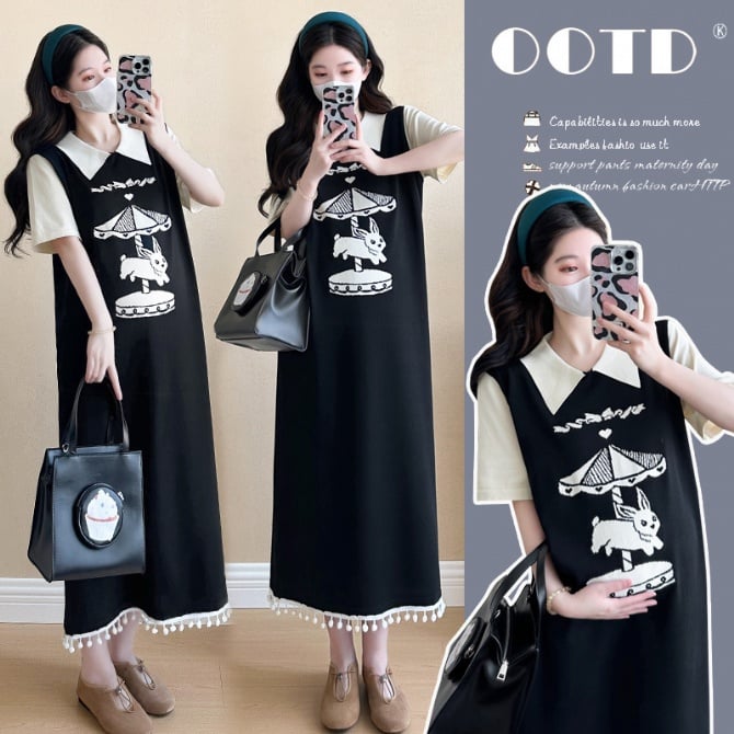 Maternity Jacquard Slimming Age-Reducing Patchwork Dress