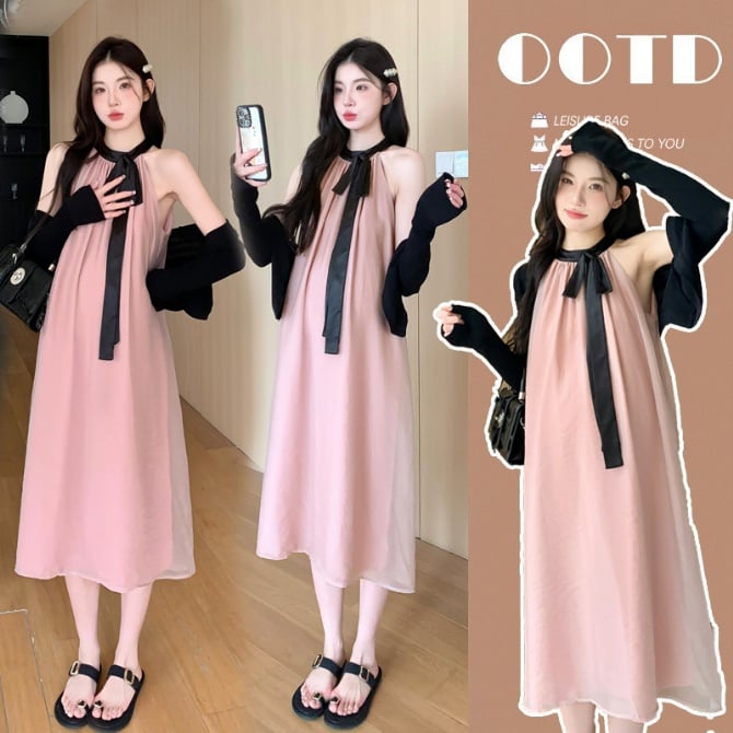 Maternity Halter-Neck Off-Shoulder Loose-Fit Dress with Cardigan Two-Piece Set