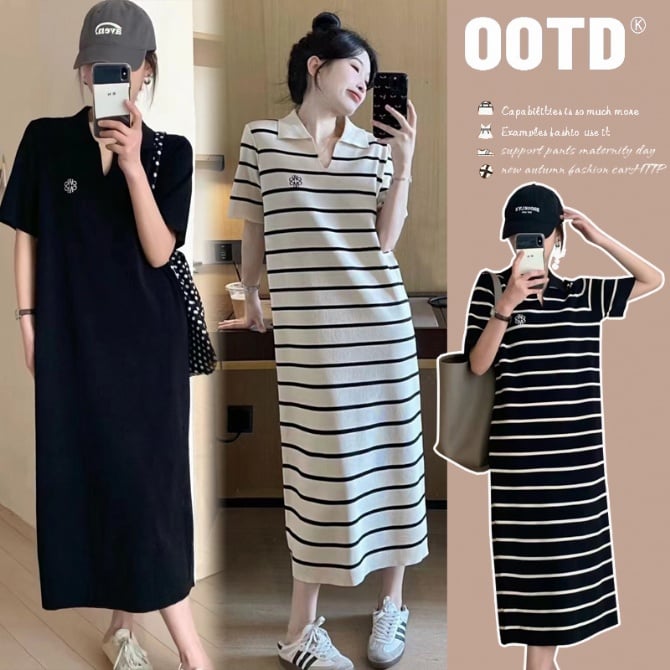 Knitted Maternity Dress with V-Neck and Striped Fashion Design