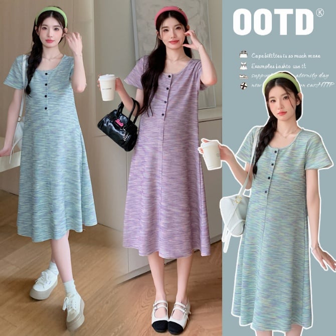 Vintage-Style Knitted Maternity Dress with Faux Button-Front Design
