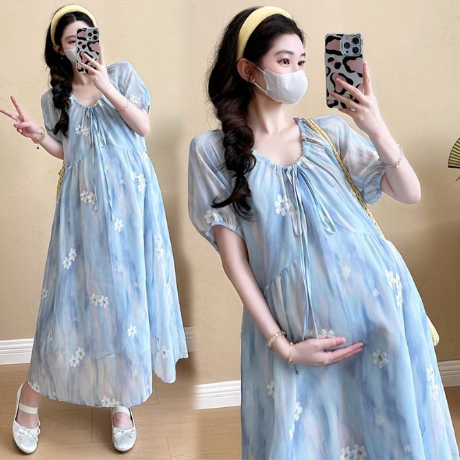 Floral Midi Plus-Size Maternity Dress with Embroidery Design