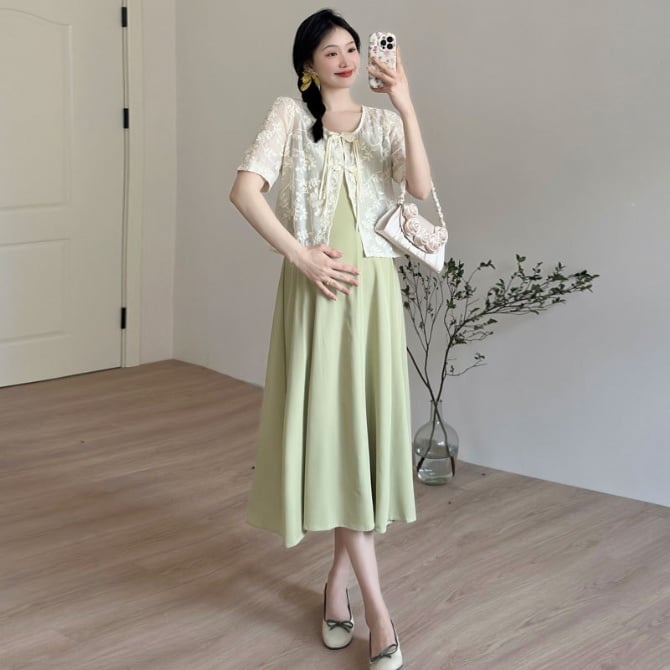 Modern Chinese Style Maternity Outfit - Lace Buttoned Cardigan with Fashionable Camisole Dress Set