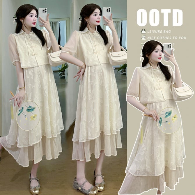 Maternity Wear Two-Piece Set - New Chinese Style Vintage Sweet Cardigan & Camisole Dress with Traditional Button