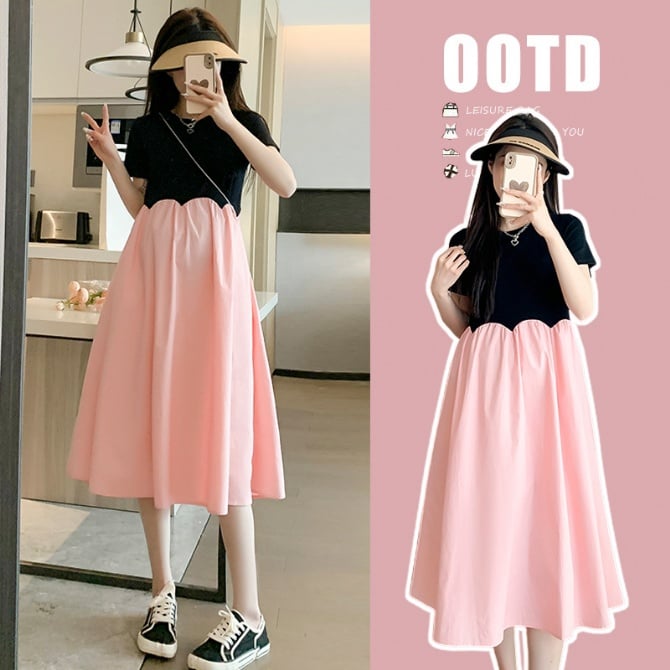 Color-Block Short-Sleeve Fashion Maternity Dress