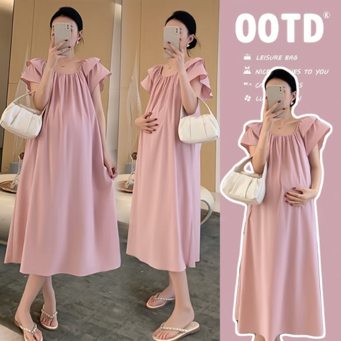 Midi Maternity Dress with Flutter Sleeves