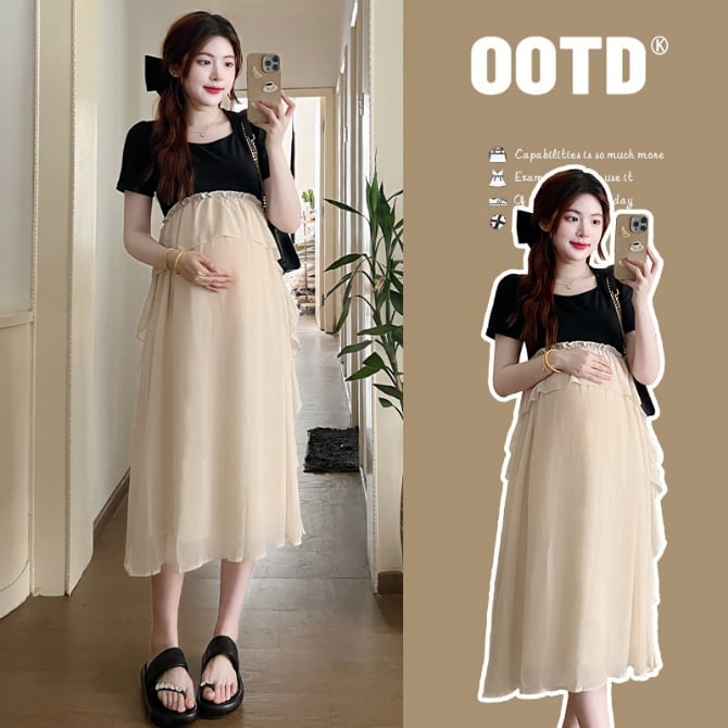 Loose-Fit Layered-Style Midi Maternity Dress in Chenille Cotton