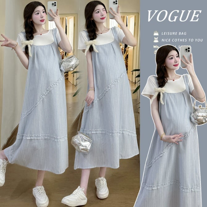 Loose-Fit Blue Maternity T-Shirt & Pinafore Dress Two-Piece Set