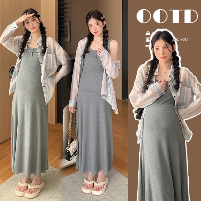 Maternity Sun-Protective Shirt + Tea-Tone Camisole Dress Outfit