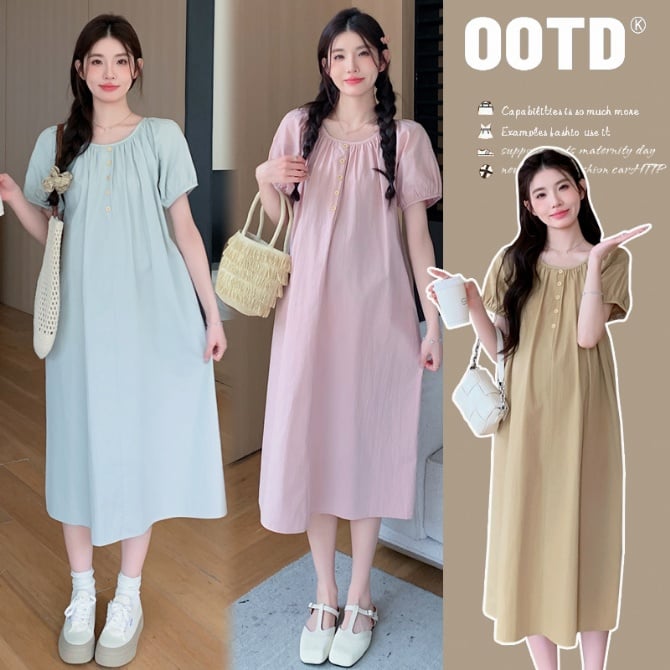 New Round Neck Loose Fit Single-Breasted Solid Color Casual Maxi Dress