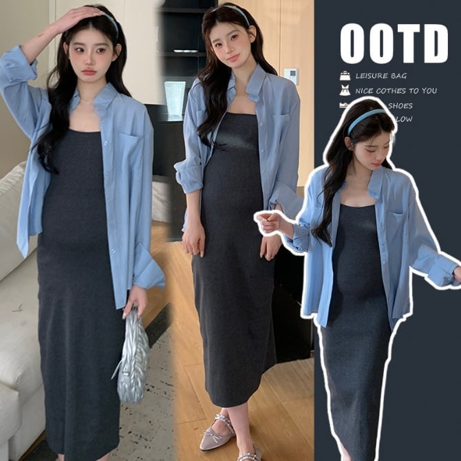 Spring Maternity Two-Piece Set - Camisole Dress Outfit
