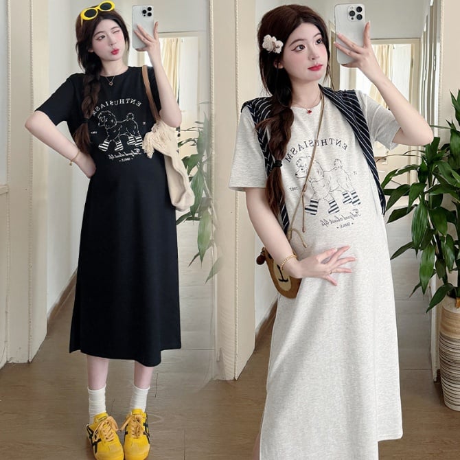 Maternity Loose-Fit Mid-Length Chic Cartoon Puppy T-Shirt Dress