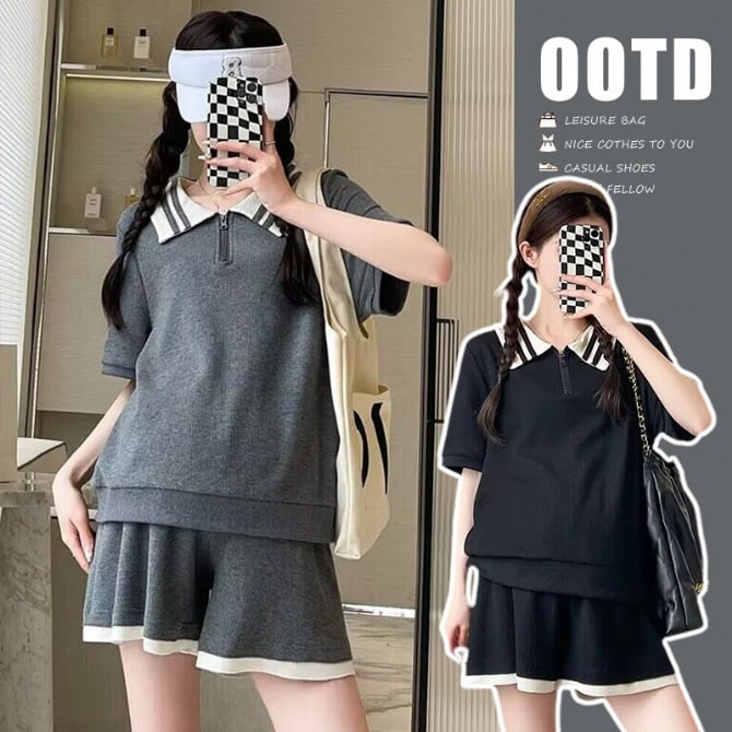 Maternity Summer Two-Piece Set – Stylish Polo Collar Top & Shorts