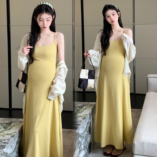 Maternity Spring/Summer Chic Two-Piece Set – Stretchy Cami Dress & Sun-Protective Shirt