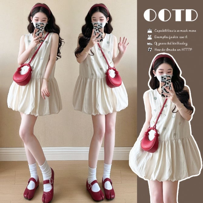 Summer Maternity Sweet & Chic Puff Dress with Handmade Shell Buttons