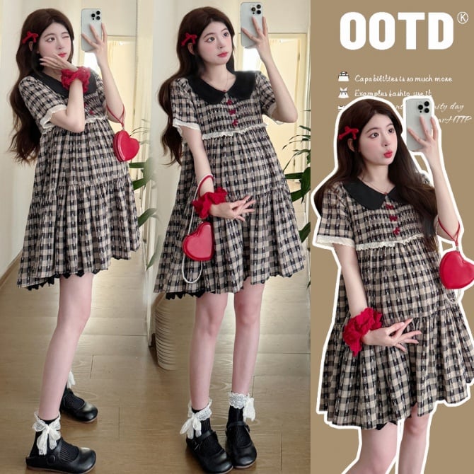 New Summer Maternity Plaid Dress – Chic Babydoll Collar & Slimming Fit