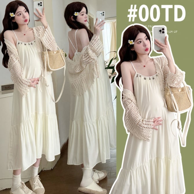 Summer Maternity Sweet & Youthful Two-Piece Set – Stylish Cardigan & Cami Maxi Dress