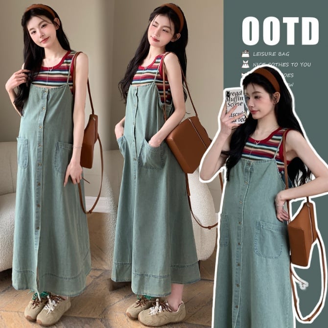 Trendy Maternity Dress & Denim Overalls Set