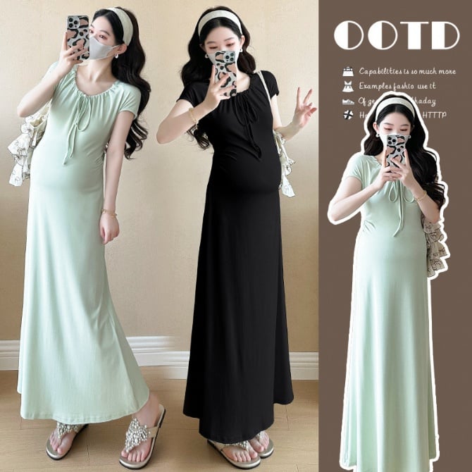 Maternity Waist-Tightening Tea Break Slimming Tie-Belt Short-Sleeve Dress