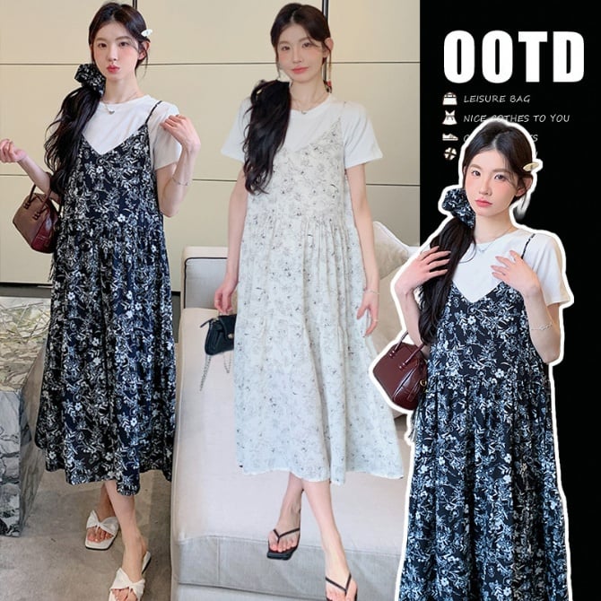 Summer Outing Youthful Hot Mom Style Genuine Two-Piece Chinese Trend Floral Dress